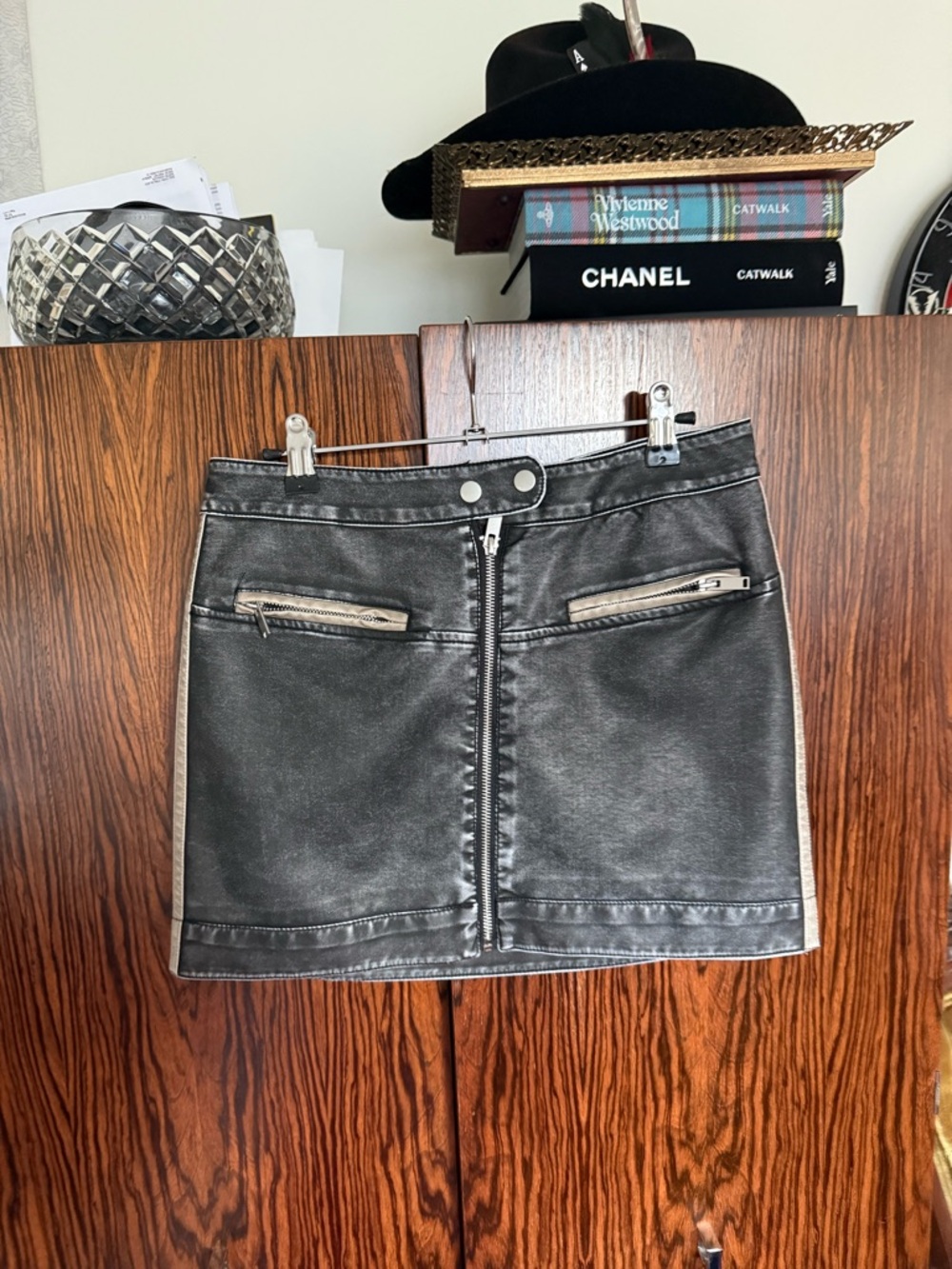 SO Black Faux Leather Mini Skirt with Front Zip and Pocket Accents